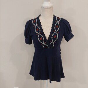 Ric Rac Navy Embroidered Blouse S